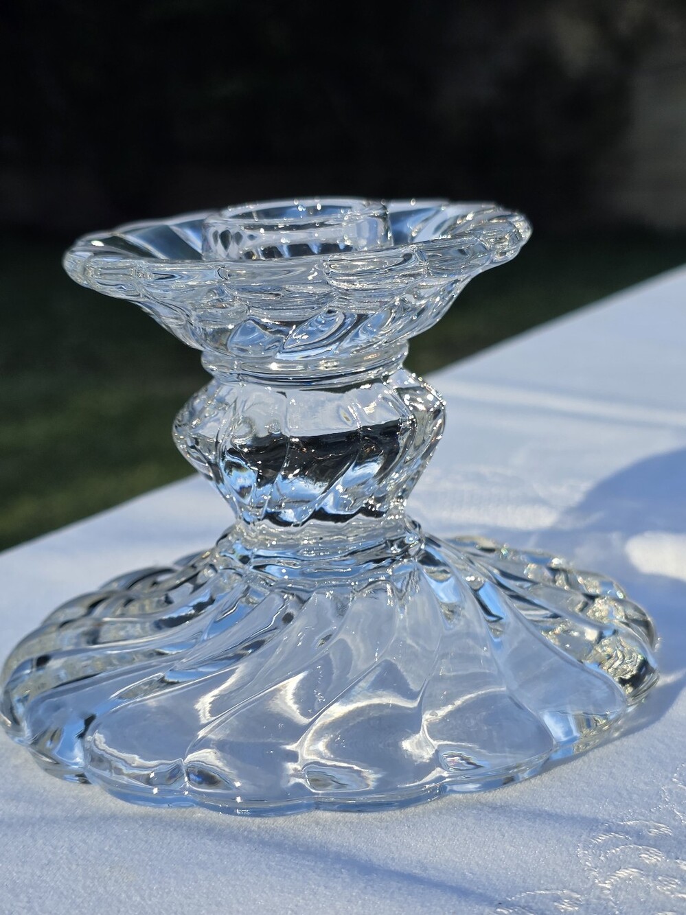 VTG Fostoria Colony Swirl Clear Glass Low Candlestick Holder MCM Elegant